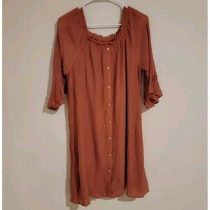 Naif Terracotta Gauze Bohemian Dress Midi‎ Button Ruffle Half Sleeve Medium M